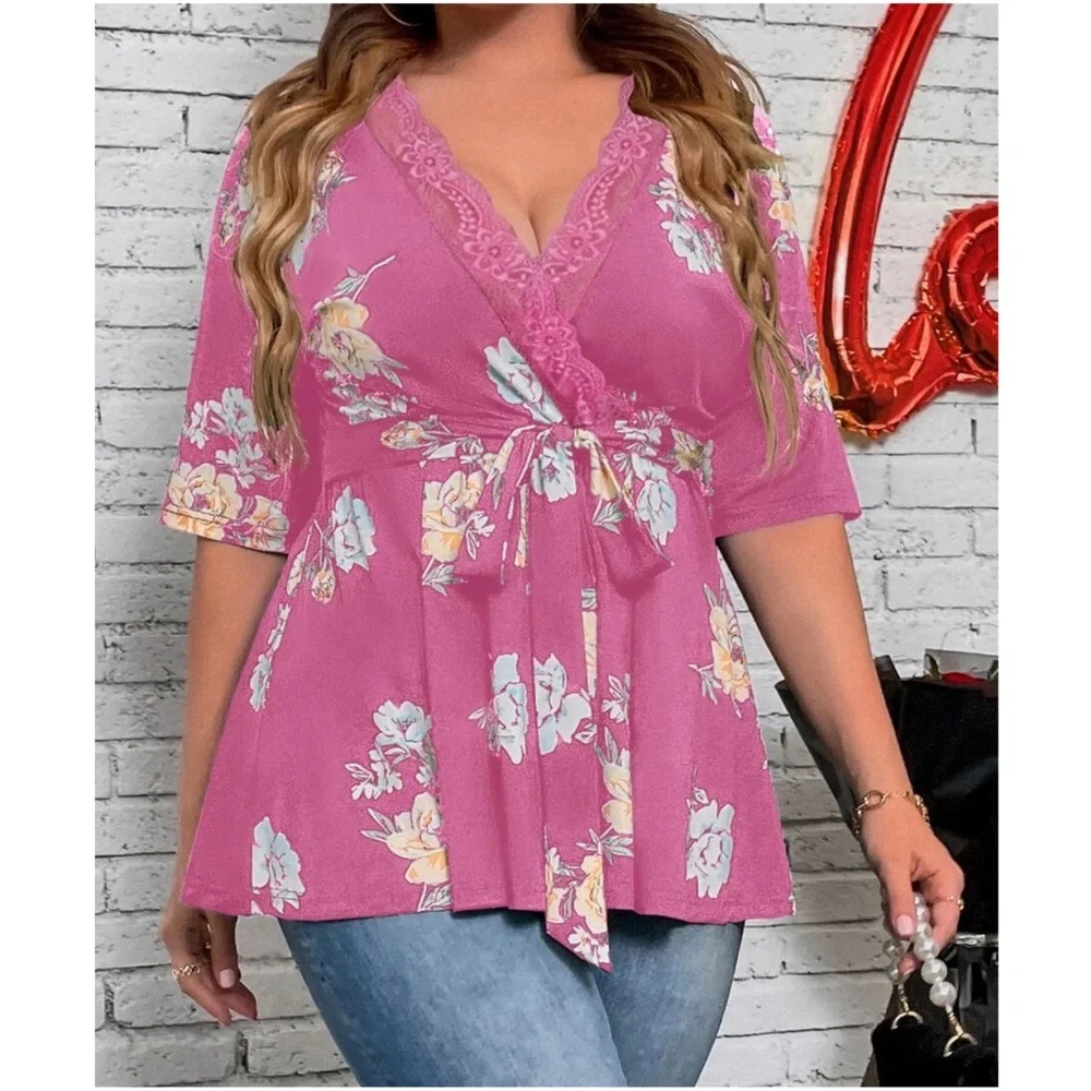 Plus Floral Print Lace Belted Top - Picture 8 of 9